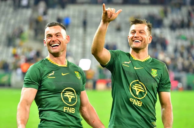 Springbok captain Jesse Kriel and flyhalf Handré Pollard celebrate the win in the second Test against the Wallabies. Picture: Grant Pitcher/Gallo Images