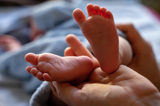 A close-up photograph focuses on a pair of tiny, pink baby feet being gently held in an adult's hands. The baby is lying down, partially covered by a gray blanket visible in the soft-focus background. The lighting is soft and warm, highlighting the texture of the baby's soles and toes.