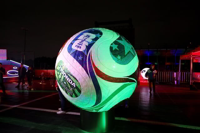 The official ball of the 2026 FIFA World Cup named "Trionda" is displayed during a presentation event in Mexico City, Mexico, October 3, 2025. REUTERS/Luis Cortes