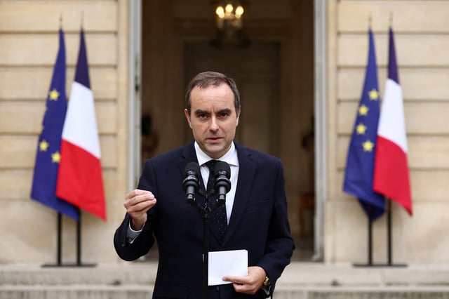 French outgoing Prime Minister Sebastien Lecornu, who presented his government's resignation to the French president this morning, delivers a statement at the Hotel Matignon in Paris, France, October 6, 2025. REUTERS/Stephane Mahe/Pool
