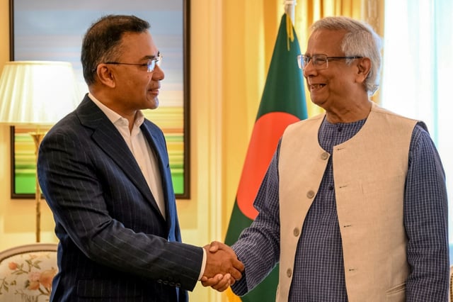 BNP heavyweight Tarique Rahman (R, with Bangladesh interim leader Muhammad Yunus in London in June) says he will return from 17 years in self-imposed exile to contest next year's polls