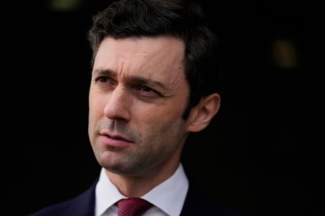 FILE - Sen. Jon Ossoff, D-Ga., speaks during an interview at Dobbins Air Reserve Base, Saturday, April 26, 2025, in Marietta, Ga. (AP Photo/Brynn Anderson, File)