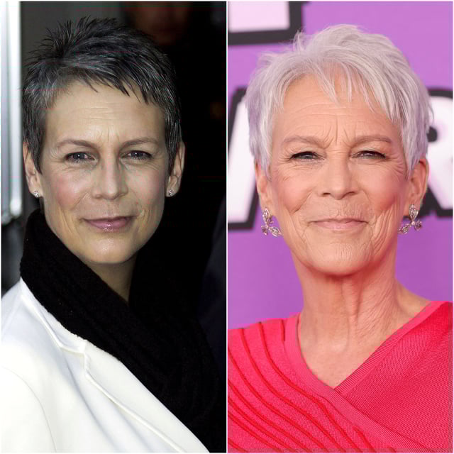 Jamie Lee Curtis at the UK Premiere of "Freaky Friday" at the Odeon Kensington in London on Dec. 14, 2003. / Jamie Lee Curtis at the "Freakier Friday" premiere in Los Angeles on July 22, 2025.