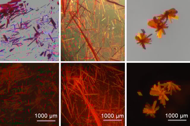 MIT chemists have created a fluorescent, boron-containing molecule that is stable when exposed to air and can emit light in the red and near-infrared range. The dye can be made into crystals (shown in these images), films, or powders. The images at top were taken in ambient light and the images at bottom in UV light.