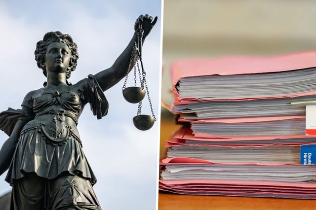 Das Bild ist eine Montage aus zwei Fotos. Die Statue der Justitia steht auf der linken Bildseite auf dem Gerechtigkeitsbrunnen am Römerberg. Rechts zu sehen sind Aktenstapel eines Gerichts. Die Gemeinde Landau verlor unlängst einen Rechtsstreit über die Unterbringung eines kriminellen Somaliers.