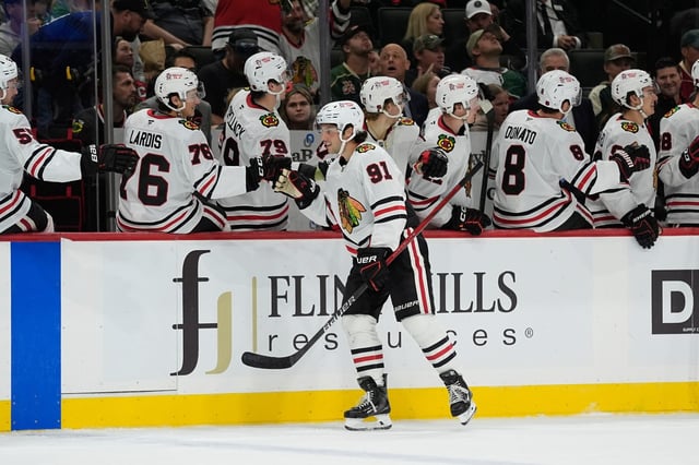Blackhawks center Frank Nazar (91) celebrates after scoring a goal against the Wild in a preseason game Sept. 28, 2025, in St. Paul, Minn. (Abbie Parr/AP)