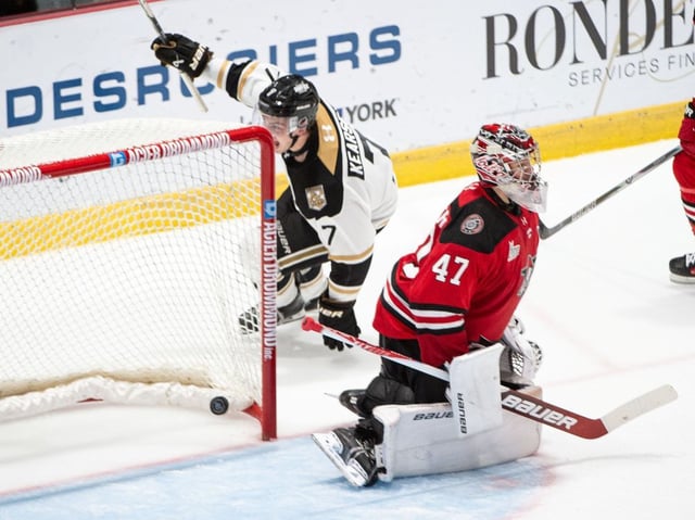 Defenceman and team captain Marcus Kearsey, 7, celebrates after scoring on Drummondville Voltigeurs goaltender Dayton Kitchener in overtime to lift the Charlottetown Islanders to a 6-5 come-from-behind win over the Drummondville Voltigeurs in the QMJHL on Oct. 5. The Islanders completed a stretch of six road games over nine days with a record of 5-1-0-0 (won-lost-overtime losses).