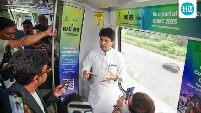 Union minister Jyotiraditya Scindia interacts with the media in metro during the exclusive preview of Yashobhoomi 'Route to TechBhoomi' , in New Delhi on Monday. (ANI)