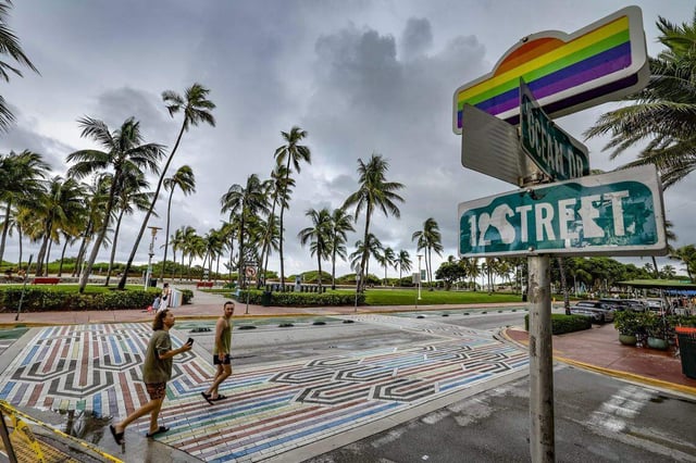 The Rainbow Crosswalk designed by Savino Miller studio, is made from terrazzo pavers, arranged in an Art Deco pattern at the intersection of Ocean Drive and 12th Street in the Historic Art Deco District of Miami Beach, Florida and seen here on Friday, September 12, 2025.