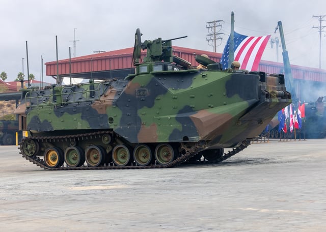 A United States Assault Amphibious Vehicle performs its last official request to depart for the lines during a decommissioning ceremony at Camp Pendleton in California on September 26, 2025.