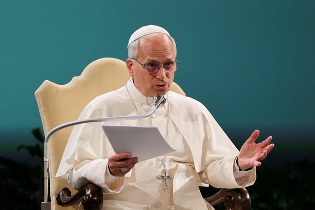 Pope Leo speaks during a three-day international conference "Raising Hope for Climate Justice" in Castel Gandolfo, near Rome, Italy, October 1, 2025. REUTERS/Yara Nardi/File Photo