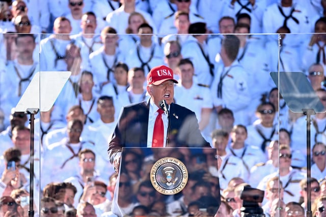US President Donald Trump delivers remarks during the US Navy's 250th anniversary celebration, "America's Navy 250: Titans of the Sea - A Salute to the Fleet", at Naval Station Norfolk Pier 14 in Norfolk, Virginia on October 5, 2025. (Photo by Alex WROBLEWSKI / AFP) (Photo by ALEX WROBLEWSKI/AFP via Getty Images)