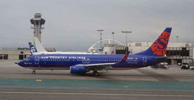 A Sun Country Airlines Boeing 737-800 Airlines jet taxis at Los Angeles International Airport on May 24, 2018. (Photo by Daniel SLIM / AFP)        (Photo credit should read DANIEL SLIM/AFP via Getty Images)