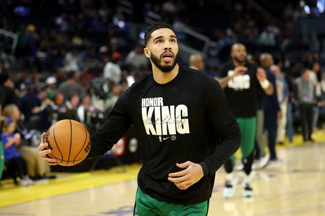 Jayson Tatum #0 of the Boston Celtics, wearing a shirt honoring Martin Luther King Jr, warms up before their game against the Golden State Warriors at Chase Center on January 20, 2025 in San Francisco, California.