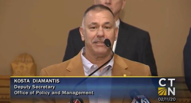 Kosta Diamantis, a former state deputy budget director, speaks during a press conference on the State Pier project in New London in October 2022. (CT-N)