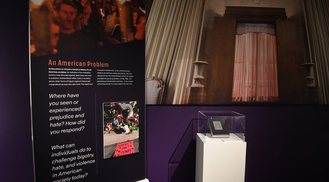 A new, temporary exhibit at the Museum of Jewish Heritage explores antisemitism in America, with the 2018 shooting at Tree of Life Synagogue in Pittsburgh at its center. (Jackie Hajdenberg)