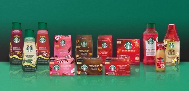 Starbucks holiday products arriving in supermarkets now include new new Hazelnut Cocoa Flavored Coffee and Chestnut Praline Latte Dairy Creamer.