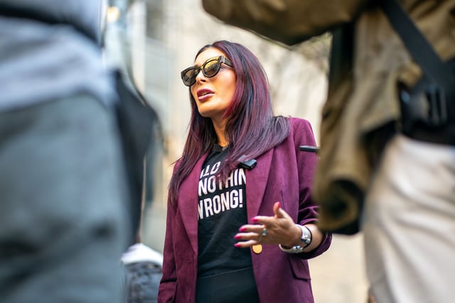 Far-right activist Laura Loomer speaks to the media prior to the beginning of former President Donald Trump's Trial at Manhattan Criminal Court on April 15, 2024 in New York City.