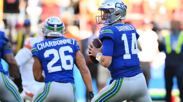 Oct 5, 2025; Seattle, Washington, USA; Seattle Seahawks quarterback Sam Darnold (14) stands in the pocket against the Tampa Bay Buccaneers during the second half at Lumen Field. Mandatory Credit: Steven Bisig-Imagn Images