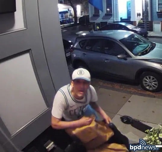 This gentleman in a Celtics shirt and Bruins hat allegedly stole four Amazon packages in Charlestown.