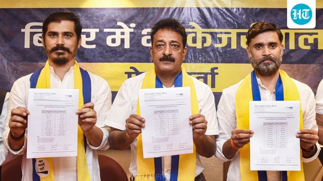 AAP in-charge of Bihar Ajesh Yadav (centre) along with state AAP president Rakesh Yadav (right), releases the party's first list of candidates for the 2025 Bihar Assembly elections. 