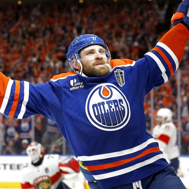  Leon Draisaitl #29 of the Edmonton Oilers celebrates after scoring the game-winning goal to beat the Florida Panthers 4-3 during overtime in Game One of the 2025 Stanley Cup Final at Rogers Place on June 04, 2025 in Edmonton, Alberta, Canada. 