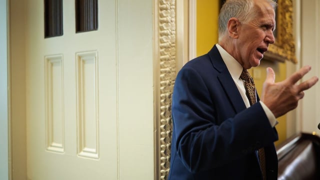 WASHINGTON, DC - APRIL 01: U.S. Sen Thom Tillis (R-NC) speaks to reporters before the weekly Republican Senate policy luncheon at the U.S. Capitol on April 01, 2025 in Washington, DC. Senators spoke about the White House's intended tariffs and taxes to be implemented.  (Photo by Kayla Bartkowski/Getty Images)
