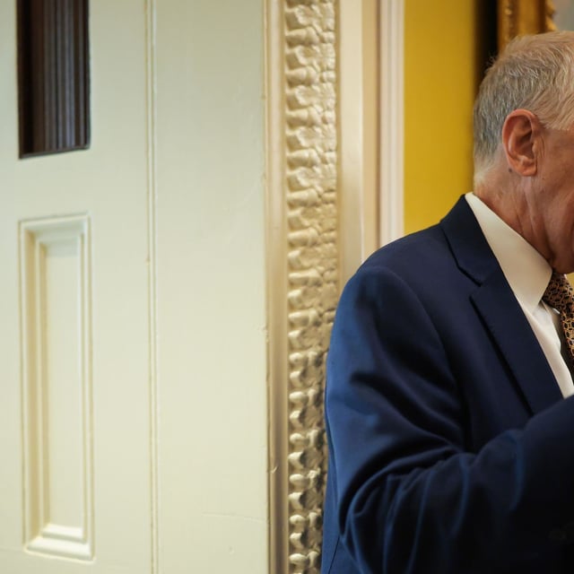 WASHINGTON, DC - APRIL 01: U.S. Sen Thom Tillis (R-NC) speaks to reporters before the weekly Republican Senate policy luncheon at the U.S. Capitol on April 01, 2025 in Washington, DC. Senators spoke about the White House's intended tariffs and taxes to be implemented.  (Photo by Kayla Bartkowski/Getty Images)