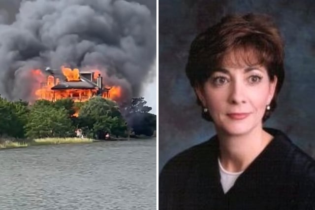 Left, Judge Diane Goodstein's waterfront home engulfed in flames in Edisto Beach, South Carolina, in an image shared by the local fire department. Right, Goodstein's photo from South Carolina Courts.