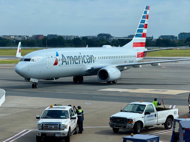 An American Airlines Boeing 737-823 approaches a gate at Reagan National Airport (DCA) in Arlington Virginia, on September 20, 2025