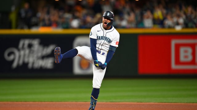 Oct 5, 2025; Seattle, Washington, USA; Seattle Mariners center fielder Julio Rodriguez (44) celebrates after hitting an RBI double against the Detroit Tigers in the eighth inning during game two of the ALDS round for the 2025 MLB playoffs at T-Mobile Park. Mandatory Credit: Steven Bisig-Imagn Images