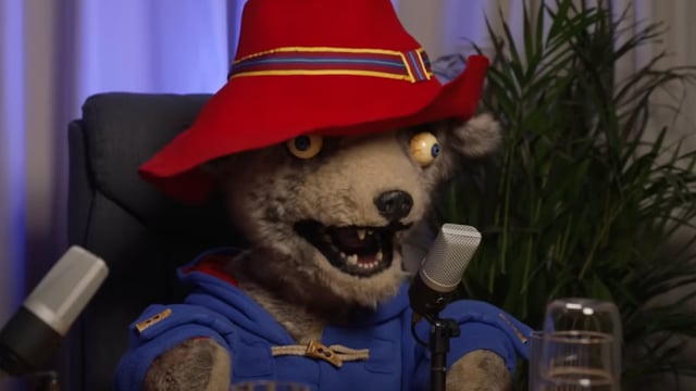 Parody Paddington sitting in a podcast studio.
