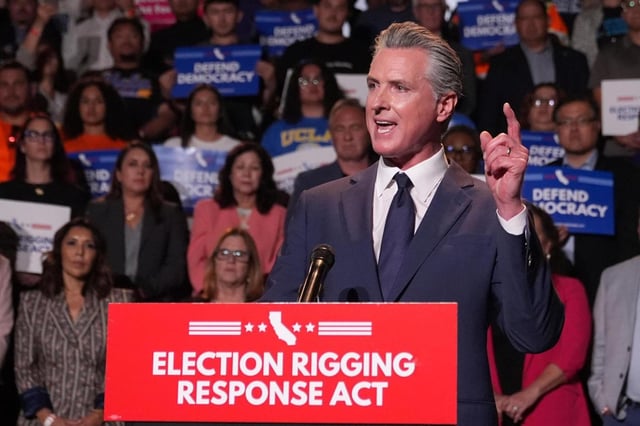 Gov. Gavin Newsom and California Democrats are pushing Prop 50, also known as the Election Rigging Response Act, in response to a "Republican power grab orchestrated by President Trump and state leaders in Texas, who redrew Congressional district lines to gain five more seats in the U.S. House of Representatives."(MARCIO JOSE SANCHEZ/AP)
