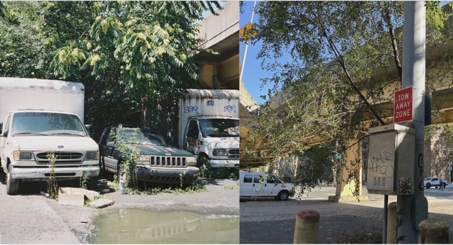 A side by side photo of a lot overrun with cars and then te same lot after the cars are removed.