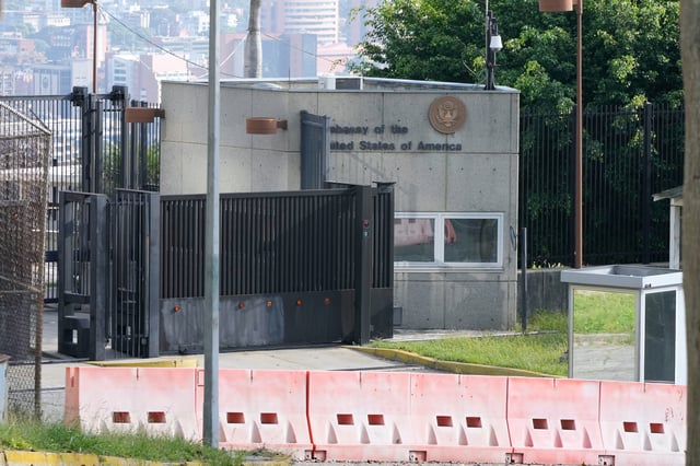 The entrance to the U.S. embassy in Caracas, Venezuela, Monday, Oct. 6, 2025. (AP Photo/Ariana Cubillos)