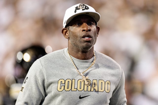 BOULDER, COLORADO - SEPTEMBER 20: Head coach Deion Sanders of the Colorado Buffaloes runs on field prior to the game against the Wyoming Cowboys at Folsom Field on September 20, 2025 in Boulder, Colorado. (Photo by Andrew Wevers/Getty Images)