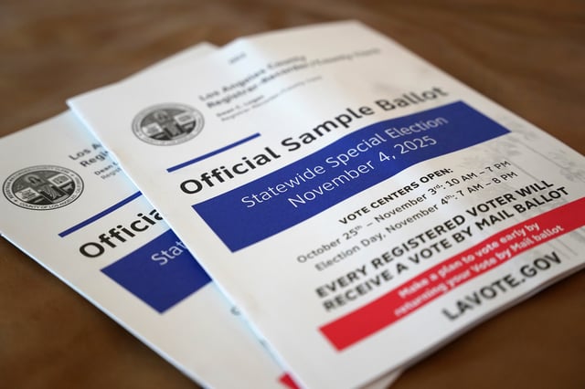 A sample ballot is pictured before early voting starts in California's statewide special election, Friday, Oct. 3, 2025, in Los Angeles.