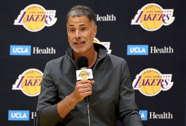 General Manager Rob Pelinka of the Los Angeles Lakers speaks with media during a press conference at UCLA Health Training Center on September 25, 2025 in El Segundo, California.