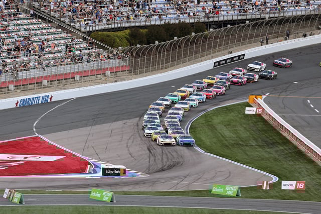 CONCORD, NORTH CAROLINA - OCTOBER 05: A general view of racing during the NASCAR Cup Series Bank of America ROVAL 400 at Charlotte Motor Speedway on October 05, 2025 in Concord, North Carolina. (Photo by David Jensen/Getty Images)