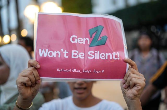 People take part in a youth led protest against corruption and calling for healthcare and education reform, in Rabat, Morocco, Saturday, Oct. 4, 2025. (AP Photo/Mosa'ab Elshamy)