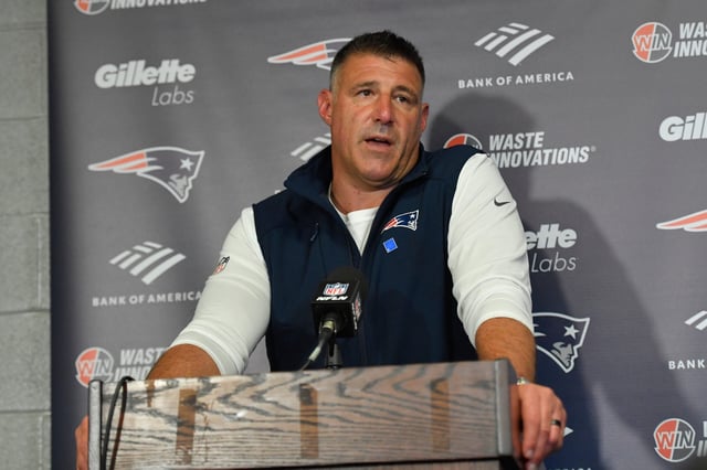 Mike Vrabel speaking to reporters following the Patriots' win over the Bills in Buffalo on Oct. 5.
