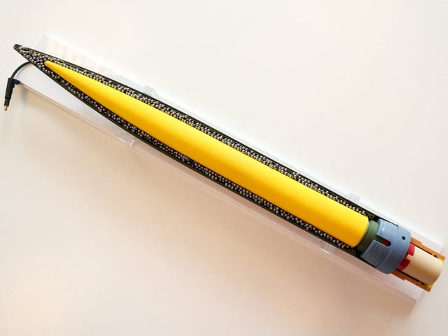 A to-scale model of the FZ123 warhead.