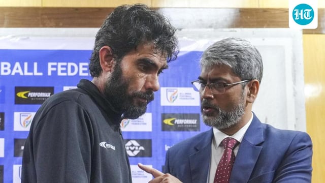 All India Football Federation President Kalyan Chaubey (R) with India head coach Khalid Jamil. (PTI)