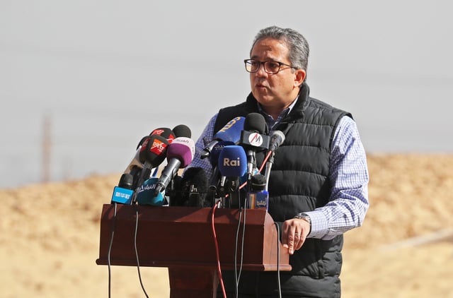 Egypt's Antiquities Minister Khaled El-Enany speaks during the presentation of a new discovery at Tuna el-Gebel archaeological site in Minya Governorate, Egypt, February 2, 2019. REUTERS/Amr Abdallah Dalsh