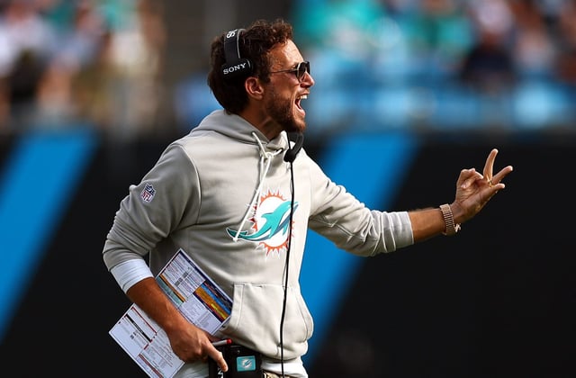 Head coach Mike McDaniel of the Miami Dolphins calls a play during the fourth quarter against the Carolina Panthers in the game at Bank of America Stadium on Oct. 05, 2025 in Charlotte, North Carolina. (Photo by Grant Halverson/Getty Images)