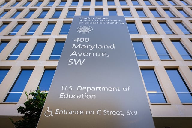 WASHINGTON, DC - JUNE 20: A sign marks the location of the U.S. Department of Education headquarters building on June 20, 2025, in Washington, DC. (Photo by J. David Ake/Getty Images)