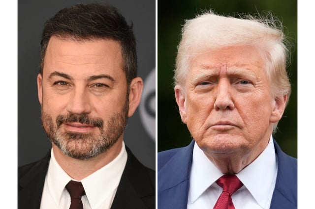 Jimmy Kimmel appears at the Walt Disney Television upfront in New York on May 14, 2019, left, and President Donald Trump appears on the South Lawn of the White House on Aug. 1, 2025, in Washington.