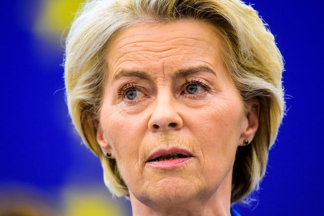 European Commission president Ursula von der Leyen speaks before a no-confidence debate against the European Commission, Monday, Oct. 6, 2025 at the European Parliament in Strasbourg, eastern France. (AP Photo/Pascal Bastien)