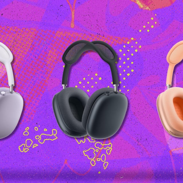 Apple AIrPods Max in three color varieties with pink and purple background