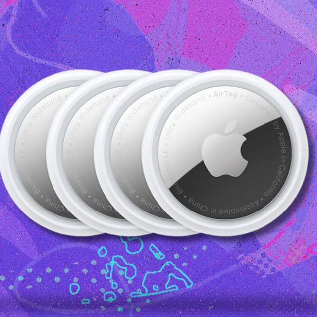 four apple airtags in a row and overlapping each other on a purple background